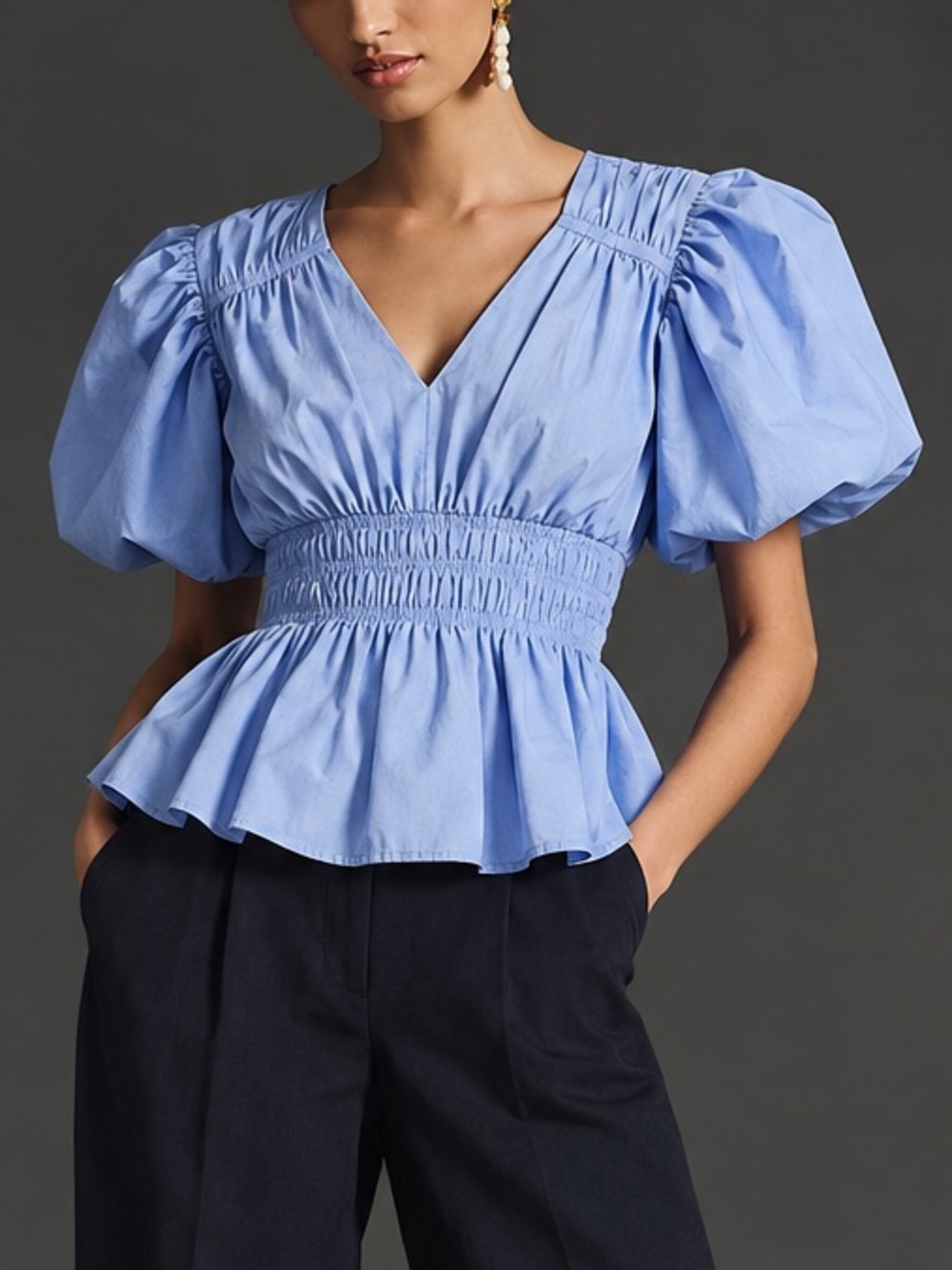 NEW Anthropologie Moon River Smocked Puff Sleeve Blouse Blue NWOT